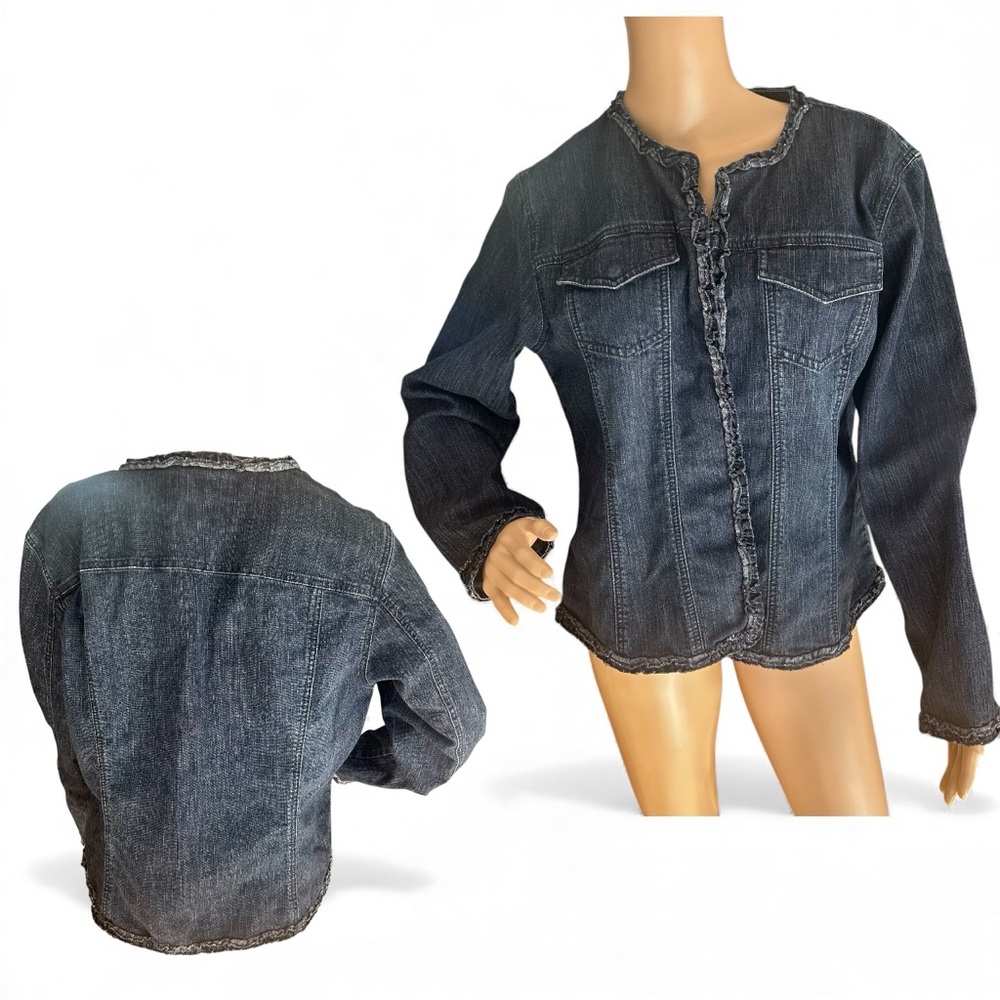 Chico’s Denim Jacket Women’s Size 2 Medium Ruffle Trim Stretch Jean Top
